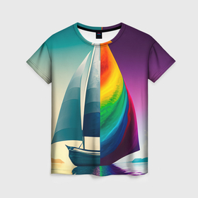 Женская футболка 3D с принтом Два мира пересекаются: корабль и радужное полотно в Кировске, 100% полиэфир ( синтетическое хлопкоподобное полотно) | прямой крой, круглый вырез горловины, длина до линии бедер | 