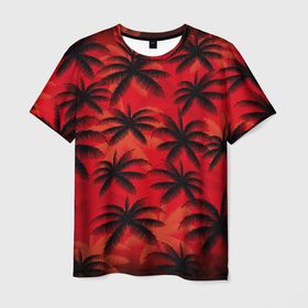 Мужская футболка 3D с принтом Пальмы на красном в Кировске, 100% полиэфир | прямой крой, круглый вырез горловины, длина до линии бедер | 