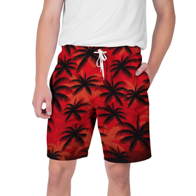 Мужские шорты 3D с принтом Пальмы на красном в Кировске,  полиэстер 100% | прямой крой, два кармана без застежек по бокам. Мягкая трикотажная резинка на поясе, внутри которой широкие завязки. Длина чуть выше колен | 