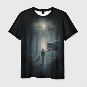Мужская футболка 3D с принтом Встреча с волками на лесной тропе в Санкт-Петербурге, 100% полиэфир | прямой крой, круглый вырез горловины, длина до линии бедер | Тематика изображения на принте: 