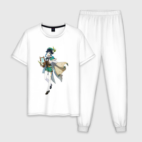 Мужская пижама хлопок с принтом Венти из Genshin Impact в Тюмени, 100% хлопок | брюки и футболка прямого кроя, без карманов, на брюках мягкая резинка на поясе и по низу штанин
 | Тематика изображения на принте: 