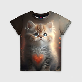 Детская футболка 3D с принтом Рыжий котенок с сердечком в Петрозаводске, 100% гипоаллергенный полиэфир | прямой крой, круглый вырез горловины, длина до линии бедер, чуть спущенное плечо, ткань немного тянется | 
