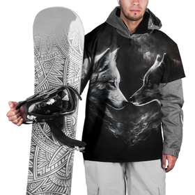 Накидка на куртку 3D с принтом Пара волков   белый и черный в Кировске, 100% полиэстер |  | Тематика изображения на принте: 