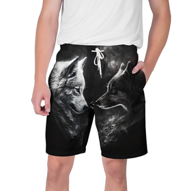 Мужские шорты 3D с принтом Пара волков   белый и черный в Петрозаводске,  полиэстер 100% | прямой крой, два кармана без застежек по бокам. Мягкая трикотажная резинка на поясе, внутри которой широкие завязки. Длина чуть выше колен | 
