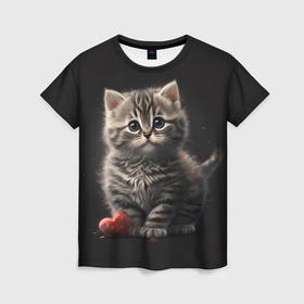 Женская футболка 3D с принтом Серый котенок с сердечком в Курске, 100% полиэфир ( синтетическое хлопкоподобное полотно) | прямой крой, круглый вырез горловины, длина до линии бедер | 