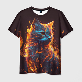Мужская футболка 3D с принтом Голубой огненный котенок в Белгороде, 100% полиэфир | прямой крой, круглый вырез горловины, длина до линии бедер | 