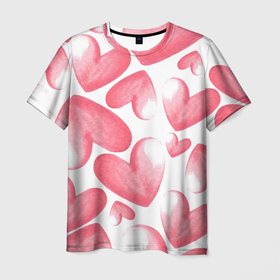 Мужская футболка 3D с принтом Розовые акварельные сердца   паттерн в Санкт-Петербурге, 100% полиэфир | прямой крой, круглый вырез горловины, длина до линии бедер | Тематика изображения на принте: 