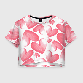 Женская футболка Crop-top 3D с принтом Розовые акварельные сердца   паттерн в Курске, 100% полиэстер | круглая горловина, длина футболки до линии талии, рукава с отворотами | 