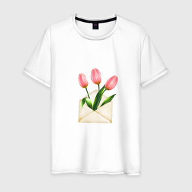 Мужская футболка хлопок с принтом Тюльпаны в конверте в Санкт-Петербурге, 100% хлопок | прямой крой, круглый вырез горловины, длина до линии бедер, слегка спущенное плечо. | 
