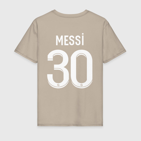 Мужская футболка хлопок с принтом Лионель Месси форма PSG 22 23 домашняя в Тюмени, 100% хлопок | прямой крой, круглый вырез горловины, длина до линии бедер, слегка спущенное плечо. | 