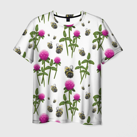 Мужская футболка 3D с принтом Клевер и пчёлки   паттерн в Кировске, 100% полиэфир | прямой крой, круглый вырез горловины, длина до линии бедер | 