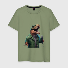 Мужская футболка хлопок с принтом Динозавр певец в Санкт-Петербурге, 100% хлопок | прямой крой, круглый вырез горловины, длина до линии бедер, слегка спущенное плечо. | 