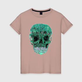 Женская футболка хлопок с принтом Череп из деревьев и грибов , 100% хлопок | прямой крой, круглый вырез горловины, длина до линии бедер, слегка спущенное плечо | 