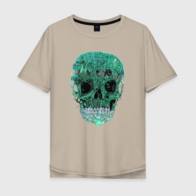 Мужская футболка хлопок Oversize с принтом Череп из деревьев и грибов , 100% хлопок | свободный крой, круглый ворот, “спинка” длиннее передней части | Тематика изображения на принте: 