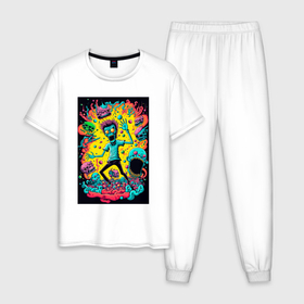 Мужская пижама хлопок с принтом Acid madness в Санкт-Петербурге, 100% хлопок | брюки и футболка прямого кроя, без карманов, на брюках мягкая резинка на поясе и по низу штанин
 | Тематика изображения на принте: 