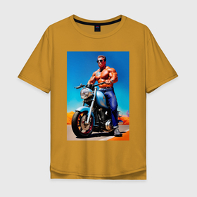 Мужская футболка хлопок Oversize с принтом Arnold Schwarzenegger on a motorcycle  neural network в Екатеринбурге, 100% хлопок | свободный крой, круглый ворот, “спинка” длиннее передней части | 