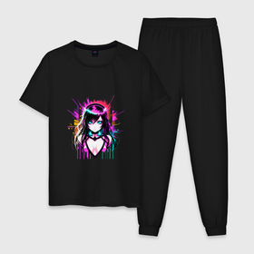 Мужская пижама хлопок с принтом Anime glitch imp girl в Кировске, 100% хлопок | брюки и футболка прямого кроя, без карманов, на брюках мягкая резинка на поясе и по низу штанин
 | 