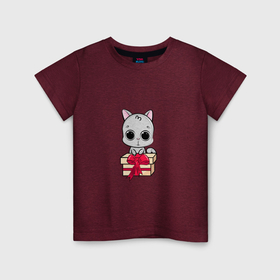 Детская футболка хлопок с принтом Кот и подарок в Кировске, 100% хлопок | круглый вырез горловины, полуприлегающий силуэт, длина до линии бедер | 