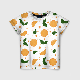 Детская футболка 3D с принтом Апельсины с листьями , 100% гипоаллергенный полиэфир | прямой крой, круглый вырез горловины, длина до линии бедер, чуть спущенное плечо, ткань немного тянется | 