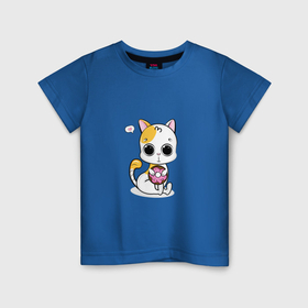 Детская футболка хлопок с принтом Кот с пончиком в Курске, 100% хлопок | круглый вырез горловины, полуприлегающий силуэт, длина до линии бедер | Тематика изображения на принте: 