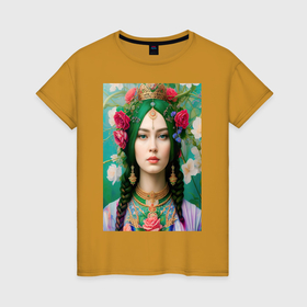 Женская футболка хлопок с принтом Хозяйка медной горы   нейросеть в Тюмени, 100% хлопок | прямой крой, круглый вырез горловины, длина до линии бедер, слегка спущенное плечо | 
