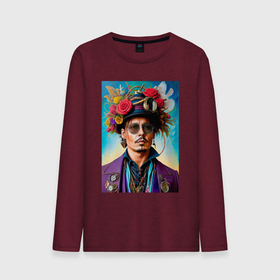 Мужской лонгслив хлопок с принтом Johnny Depp with flowers on his hat: neural network в Тюмени, 100% хлопок |  | 