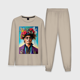 Мужская пижама с лонгсливом хлопок с принтом Johnny Depp with flowers on his hat: neural network ,  |  | Тематика изображения на принте: 