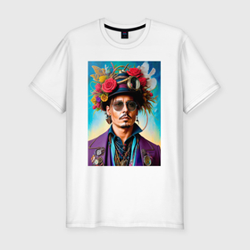 Мужская футболка хлопок Slim с принтом Johnny Depp with flowers on his hat: neural network в Санкт-Петербурге, 92% хлопок, 8% лайкра | приталенный силуэт, круглый вырез ворота, длина до линии бедра, короткий рукав | 