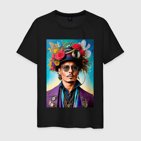 Мужская футболка хлопок с принтом Johnny Depp with flowers on his hat: neural network в Екатеринбурге, 100% хлопок | прямой крой, круглый вырез горловины, длина до линии бедер, слегка спущенное плечо. | 