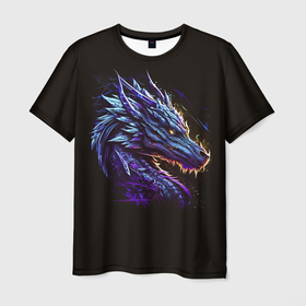 Мужская футболка 3D с принтом Красивый неоновый дракон в Курске, 100% полиэфир | прямой крой, круглый вырез горловины, длина до линии бедер | 