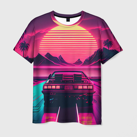 Мужская футболка 3D с принтом Синтвейв закат и автомобиль , 100% полиэфир | прямой крой, круглый вырез горловины, длина до линии бедер | 