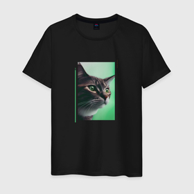 Мужская футболка хлопок с принтом Зеленоглазый кот: арт нейросети в Курске, 100% хлопок | прямой крой, круглый вырез горловины, длина до линии бедер, слегка спущенное плечо. | 