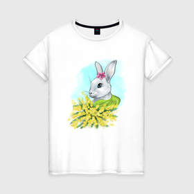 Женская футболка хлопок с принтом Милый кролик с букетом мимоз в Екатеринбурге, 100% хлопок | прямой крой, круглый вырез горловины, длина до линии бедер, слегка спущенное плечо | 