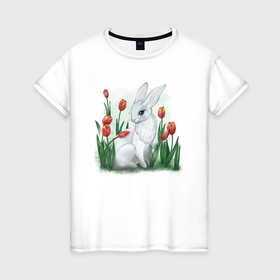 Женская футболка хлопок с принтом Кролик в тюльпанах , 100% хлопок | прямой крой, круглый вырез горловины, длина до линии бедер, слегка спущенное плечо | 