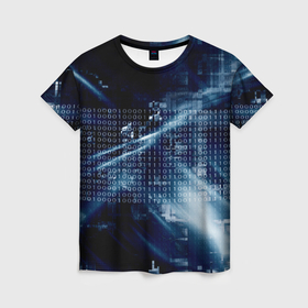 Женская футболка 3D с принтом Тёмно ледяной фон и бесконечный код в Екатеринбурге, 100% полиэфир ( синтетическое хлопкоподобное полотно) | прямой крой, круглый вырез горловины, длина до линии бедер | 