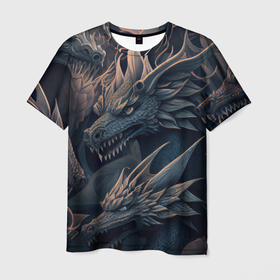 Мужская футболка 3D с принтом Металлические японские драконы , 100% полиэфир | прямой крой, круглый вырез горловины, длина до линии бедер | Тематика изображения на принте: 
