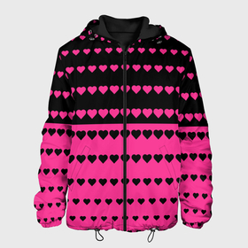 Мужская куртка 3D с принтом Черные и розовые сердца узор в Новосибирске, ткань верха — 100% полиэстер, подклад — флис | прямой крой, подол и капюшон оформлены резинкой с фиксаторами, два кармана без застежек по бокам, один большой потайной карман на груди. Карман на груди застегивается на липучку | 