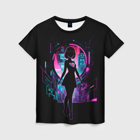 Женская футболка 3D с принтом Силуэт милой аниме девушки с сердцем в киберпространстве , 100% полиэфир ( синтетическое хлопкоподобное полотно) | прямой крой, круглый вырез горловины, длина до линии бедер | 