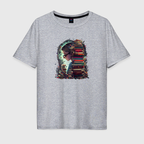 Мужская футболка хлопок Oversize с принтом Умная девушка с книгой в Санкт-Петербурге, 100% хлопок | свободный крой, круглый ворот, “спинка” длиннее передней части | 