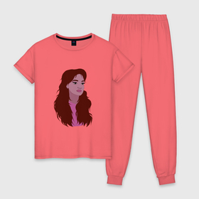 Женская пижама хлопок с принтом Девушка с рыжими волосами в Рязани, 100% хлопок | брюки и футболка прямого кроя, без карманов, на брюках мягкая резинка на поясе и по низу штанин | 