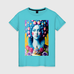 Женская футболка хлопок с принтом Сладкая женщина голубой   нейросеть в Новосибирске, 100% хлопок | прямой крой, круглый вырез горловины, длина до линии бедер, слегка спущенное плечо | 