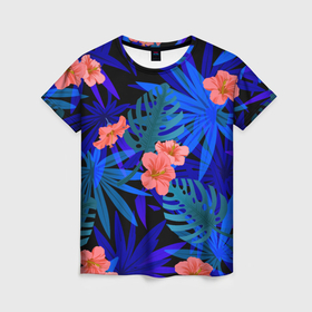 Женская футболка 3D с принтом Тропические растения кислотно синие в Петрозаводске, 100% полиэфир ( синтетическое хлопкоподобное полотно) | прямой крой, круглый вырез горловины, длина до линии бедер | 