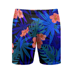 Мужские шорты спортивные с принтом Тропические растения кислотно синие в Петрозаводске,  |  | 