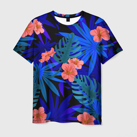 Мужская футболка 3D с принтом Тропические растения кислотно синие в Петрозаводске, 100% полиэфир | прямой крой, круглый вырез горловины, длина до линии бедер | 