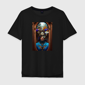 Мужская футболка хлопок Oversize с принтом Женский портрет в стиле стимпанк с цветами в Кировске, 100% хлопок | свободный крой, круглый ворот, “спинка” длиннее передней части | 