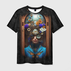 Мужская футболка 3D с принтом Женщина с цветами в стиле стимпанк в Курске, 100% полиэфир | прямой крой, круглый вырез горловины, длина до линии бедер | 