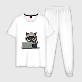 Мужская пижама хлопок с принтом Котик программист в Новосибирске, 100% хлопок | брюки и футболка прямого кроя, без карманов, на брюках мягкая резинка на поясе и по низу штанин
 | 