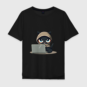 Мужская футболка хлопок Oversize с принтом Котик программист в Новосибирске, 100% хлопок | свободный крой, круглый ворот, “спинка” длиннее передней части | Тематика изображения на принте: 