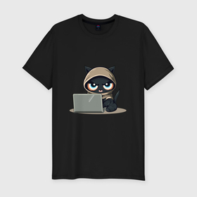 Мужская футболка хлопок Slim с принтом Котик программист в Новосибирске, 92% хлопок, 8% лайкра | приталенный силуэт, круглый вырез ворота, длина до линии бедра, короткий рукав | Тематика изображения на принте: 