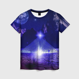 Женская футболка 3D с принтом Синяя магическая пирамида, горы и космос в Петрозаводске, 100% полиэфир ( синтетическое хлопкоподобное полотно) | прямой крой, круглый вырез горловины, длина до линии бедер | 